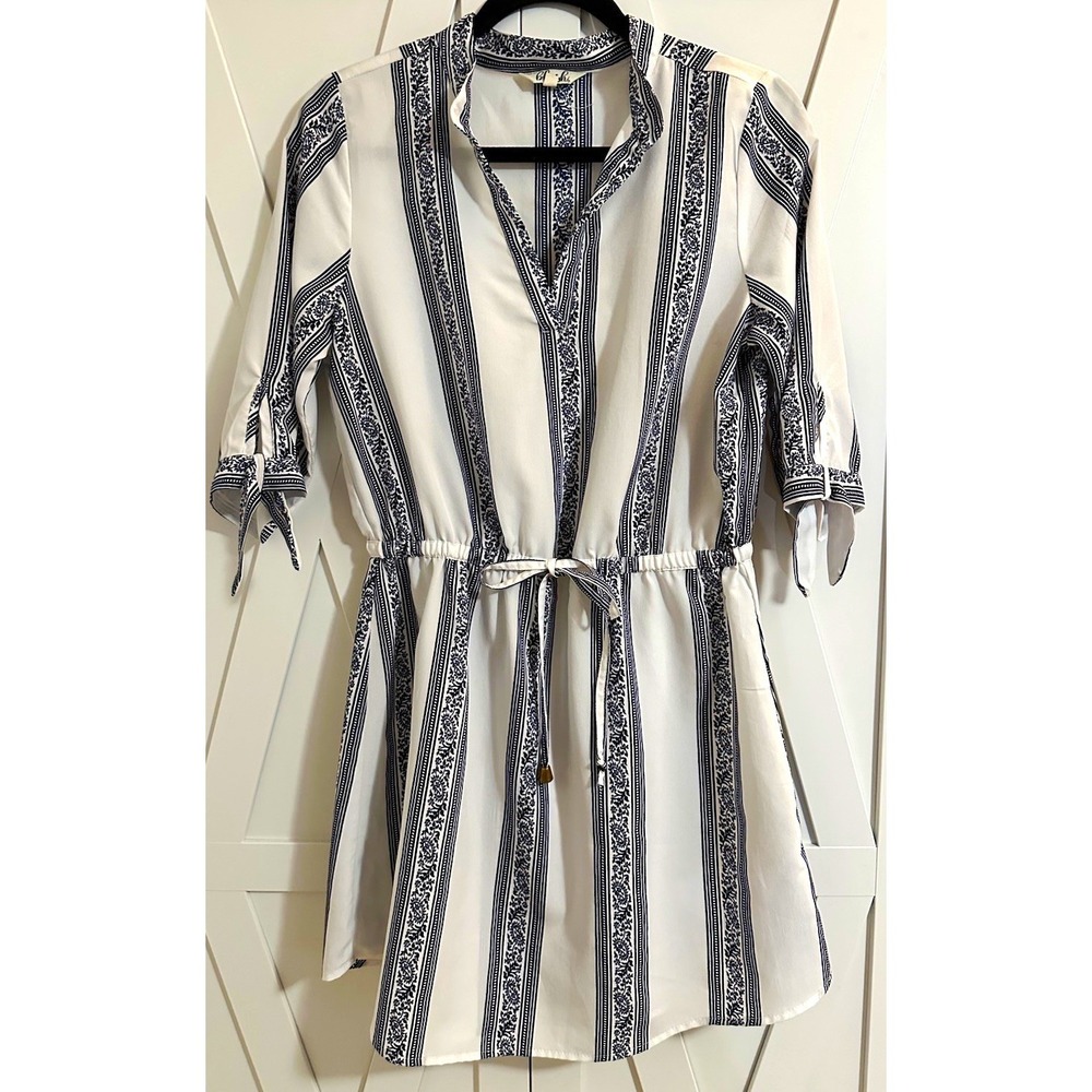 Hint of Blush Women's M Striped Shirt Dress V-Neck Tie/Drawstring Waist Blue